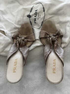 Prada Burnished Taupe/ Champage Bow Mule Heels — EU 38 /US 8